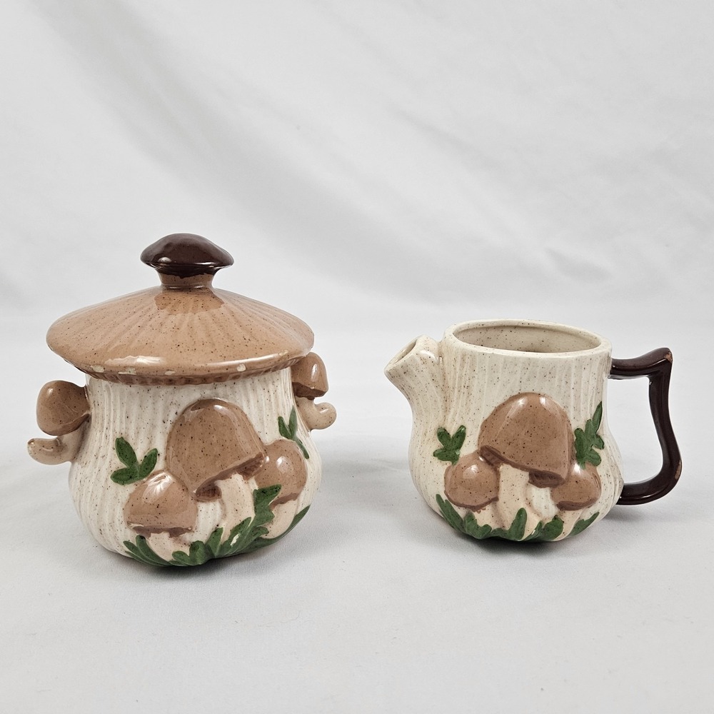 Arnel's Sugar & Creamer Set 3D Mushroom Ceramic 1970's Vintage MCM Kitschy Retro